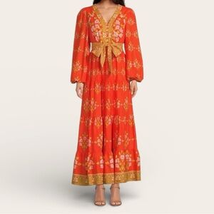 A Loves A Large Voile Long Sleeve Belted Linen Blend Tiered Maxi Dress Orange